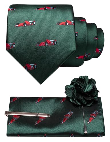 RBOCOTT F1 Racing Sport Dark Green Ties for Men Novelty Fun Patterns Necktie and Pocket Square Tie Clip Lapel Pin Set 4PCS(11)