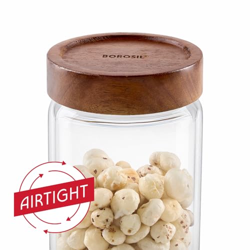Image of Borosil Glass Jar with Acacia Wood Lid | Borosilicate Glass Storage Jar for Dry Fruits, Spices & Snacks | Airtight Glass Container for Kitchen & Pantry (Tallwood, 900ml)