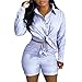 Women's 2 Piece Outfits Dressy Striped Long Sleeve Button Down Lapel Shirt & High Waisted Shorts Summer Office Sets Fashion Blue