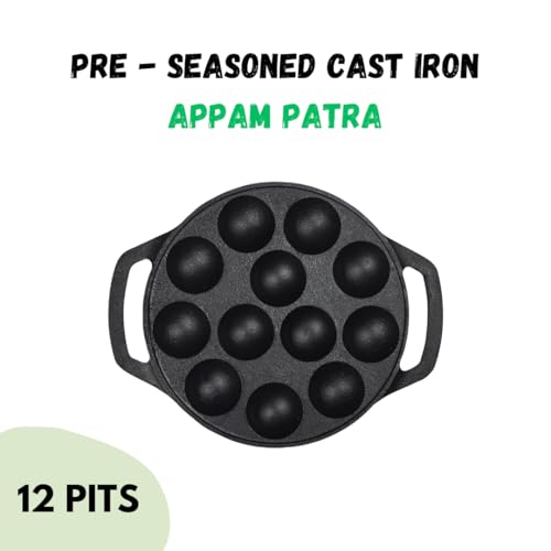 Image of Pencil Pre-Seasoned Cast Iron Appam Patra 12 Pit | Paniyaram Pan | Paniyarakkal /Appe /Litti /Paddu /Ponganalu | Compatible - Gas Stoves & Induction | Nonstick | Toxin-Free | No Chemical Coating | Black