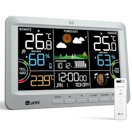 U UNNI Funk Wetterstation mit Außensensor Netzbetrieb und Batteriebetrieb, Funkwetterstation mit 3 Helligkeitsstufen und 100M Reichweite, Einstellbare °C/°F