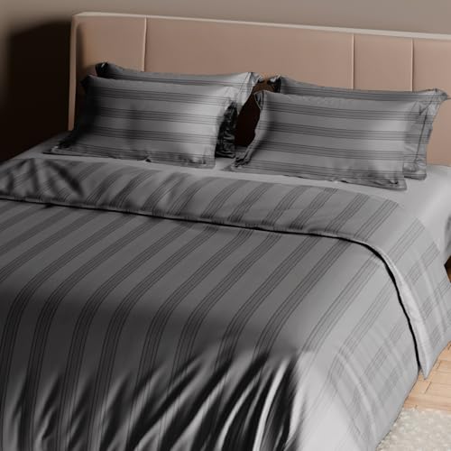 Image of Sassoon Artemis Italian Jacquard Weave Sateen Cotton Bedsheet - 400 TC, Cotton, Stripe Design, King Size (108 x 108 inches), Color: Pebble, Soft, Breathable, - 1 Bedsheet + 2 Pillow Covers