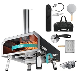 Pizza Oven Outdoor,16″ Multi-Fuel Rotatable Pizza Ovens,Portable Wood Fired and Gas Pizza Oven,Stainless Steel 3-Layer Oven,Pizza Maker with Built-in Thermometer,Pizza Cutter & Carry Bag