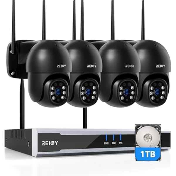 REIGY 8MP zewnętrzny bezprzewodowy zestaw do monitoringu wideo 360 stopni z dyskiem twardym 1 TB, system kamer wideo, rejestrator 4 x PT kamera wideo (3840 x 2160 P), zdalna kamera monitoringu, widok