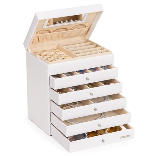 Yorbay Caja de joyería Blanco de Cuero con 5 cajones, Bloqueo y Espejo entegrado en la Tapa...