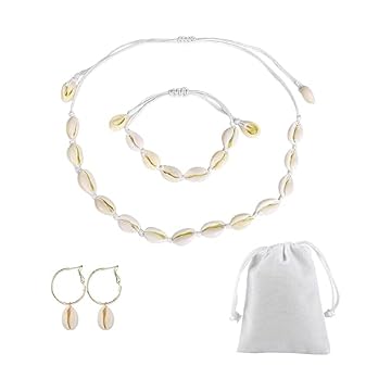 ATBUSS Set di 4 orecchini bracciale collana conchiglia con tasca con coulisse, girocollo girocollo, regolabile, gioielli conchiglia, accessori da spiaggia estivi per donna