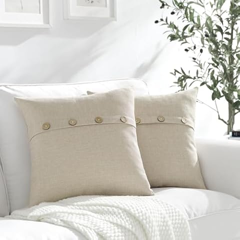 Meekio Set of 2 Biscotti Beige Square Pillow Covers 22 x 22 Farmhouse Linen Pillow Covers with Coconut Buttons for Sofa Couch Living Room Bedroom Farmhouse Décor for The Home Housewarming Gifts Cover
