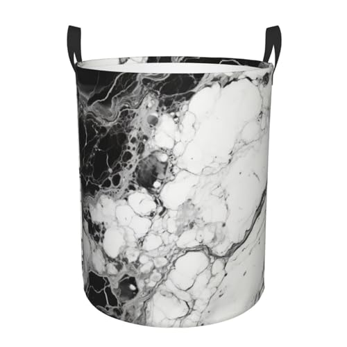 Cesta redonda para ropa sucia de una sola capa de mármol negro y blanco, cesta de ropa sucia de tela Oxford duradera para almacenamiento en el hogar