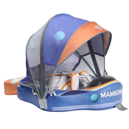 Mambobaby Float with Canopy Baby Float Non Inflatable Baby Pool Float with Sunshade UPF50+ Canopy Safety Swim Float Smart Trainer for Infant Toddler 3-24 Months, Astronauts Blue