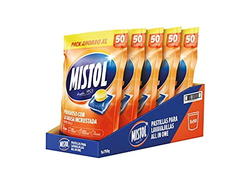 Mistol All In One - 250UDS Pastillas Lavavajillas con Potencia Desengrasante Avanzada, Brillo Intenso y Disolución Rápida, Protección Total y Cero Residuos - Limpieza Eficaz y Responsable