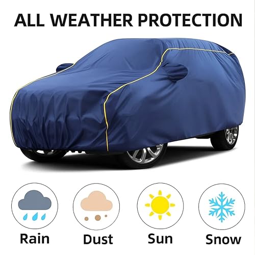 Image of Sulfar 100% Water Resistant Car Body Cover Compatible with Mirror for Volkswagen Polo (Triple Stitched, Full Bottom Elastic, Blue Taffeta with Yellow Piping)