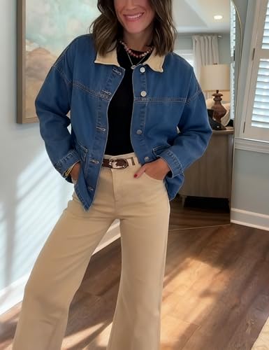 Yeokou Women Oversize Denim Jacket Casual Button Down Jean Coat Long Sleeve Shacket Outfit with Pockets 6