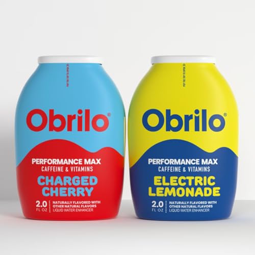 Obrilo Performance Energy Dye Free Water Enhancer - L-Theanine + Taurine + Vitamin Complex + Ginseng + Guarana Seed, 2.0 Fl. Oz. x 2 Bottles (Cherry Charge & Electric Lemonade)