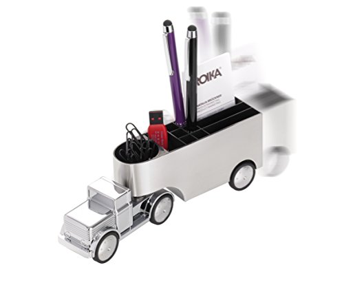Troika Stifteköcher und Büroklammernhalter/Briefbeschwerer, LKW, Rückziehmotor, bewegliche Achse, Magnet für Büroklammern, Metallguss, verchromt, glänzend, silber