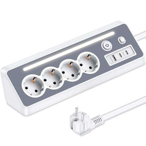 Steckdosenleiste mit USB und 2 Type-C, 4 Fach Ecksteckdose Mehrfachsteckdose mit LED, Mehrfachstecker Überspannungsschutz 3680W 16A, Steckerleiste mit Schalter Ecksteckdosenleiste 1.5m für Küche Büro