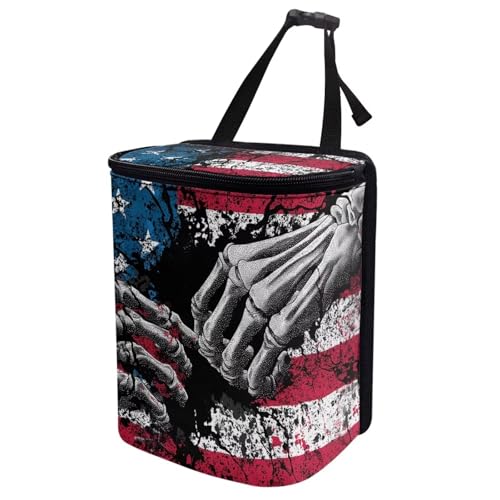 Image of Talayituse Finger Skeleton American Flag Print Car Trash Can Portable Auto Garbage Bin Multifunctional Vehicle Interior Accessories with Adjustable Straps 4th of July Universal Fit Truck SUV Sedan