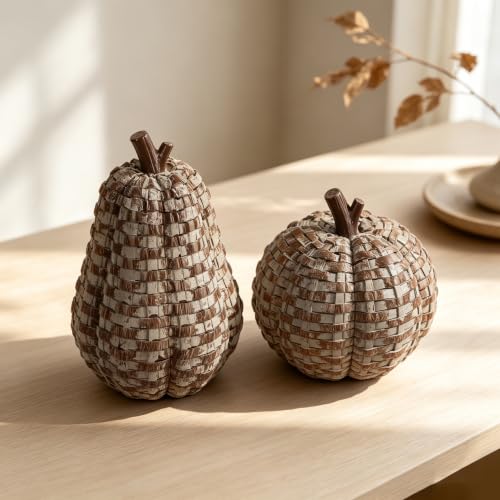 Image of winemana 2 Pack Fall Pumpkin Decor, Woven Resin Pumpkins for Indoor Home | Distressed Finish, Rustic Farmhouse Style, Artificial Pumpkin for Table Centerpiece Mantel, Thanksgiving Autumn Decorations