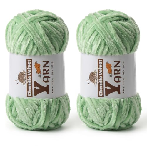 Image of 2 Pack Plush Chenille Chunky Yarn - Fluffy Velvet Yarns Crochet for Blanket Knitting and Crocheting - Soft Baby Yarn for Crocheting - Amigurumi Crochet Yarns 100g (87yds) (2 Light Green)