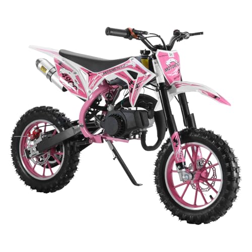 50CC 2 Stroke Kids Dirt Bike Gas Powered Mini Motorcycle for Kids 330Lbs Load Capacity Pit Bike with EPA Certificate Minibike with Front Rear Disc Brakes Motocross with 35 MPH (Upgraded Version Pink)