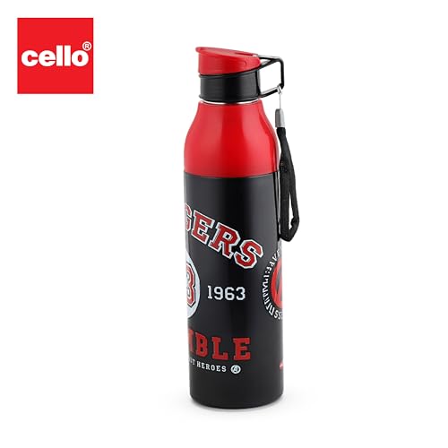 Image of CELLO Puro Steel-X Legend 600 Insulated Water Bottle 600 ml, Black | 3D Touch & Feel Super Heroes Design, Lightweight Leakproof Easy Sip Flip Cap Insulated Water Bottle For School Kids Office & Travel