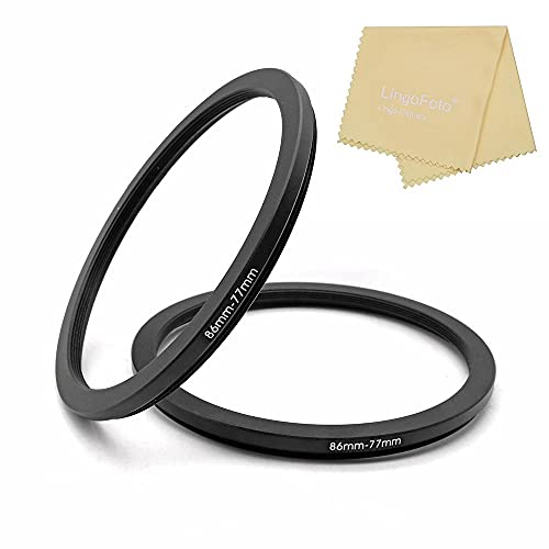 86-77mm Metal Step-Down Adapter Ring, 86mm Lens to 77mm Filter Size Accessories, 2 Pieces Black Lens Filter Adapter Ring with Lens Cleaning Cloth, LingoFoto
