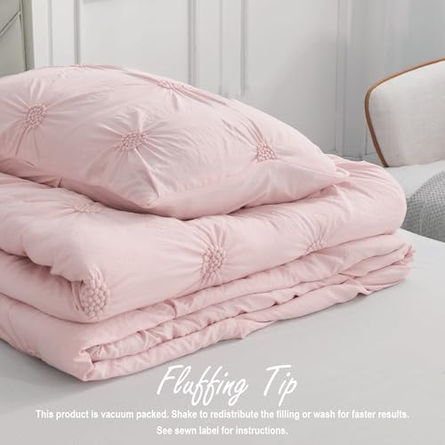 Image of Swift Home King Baby Pink Rose Blush Comforter Set - Ruched 3D Floral Pintuck Bedding Set - 3 Pieces Bed Linen, 1 Comforter and 2 Pillow Shams