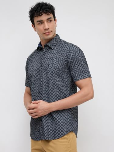Image of Parx Men Slim Fit Print Pattern Pure Cotton Semi Cutaway Collar Half Sleeve Casual Shirt