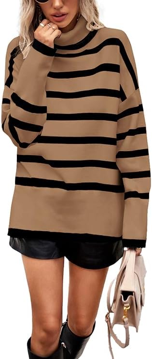 Long Sleeve Sweaters for Women, Juniors Fall Turtleneck Oversized Sweater Casual Asymmetric Pullover Tunic Knit White Striped Tops CoffeeBlack S
