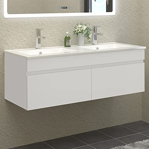 HAPAOSO Meuble de Salle de Bain Double Vasque 120 cm + Casier Couleur Blanc(Double Porte Ouverte)