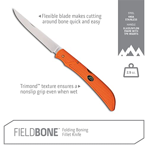 Outdoor Edge Fish & Bone - Folding Fillet Knife With 5.0" 440A Stainless Steel Blade For Fish And Processing Big Game - Pocket Clip (Orange) #TOP2