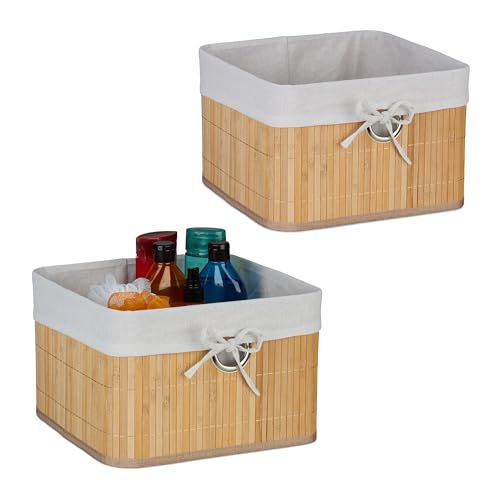 Relaxdays Set 2 Cestas de Almacenaje, Bambú, Forro de Tela, 20 x 31 x 31 cm, Cestitas con Agujero para Asa, Natural