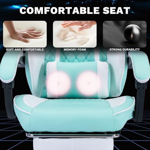 Image of Gaming Chair with Footrest for Home Office - High Back Computer Chair with Headrest and Lumber Support, Ergonomic Height Adjustable Leather Game Chairs (Green+White)