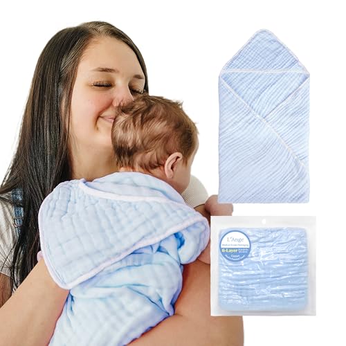 Image of L'Ange Muslin Hooded Baby Towel - Infant Bath Towel with Hood for Newborn Babies Boy or Girl - 100% Cotton - Pack of 1 - Ready to Use Medical Grade Packaging - 6 Layers - Blue - 25.5x25.5 in