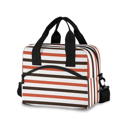 Insulated Lunch Bag Reusable Cooler Stripe Brown Orange Lunch Box Adjustable Shoulder Strap for Adults School Office