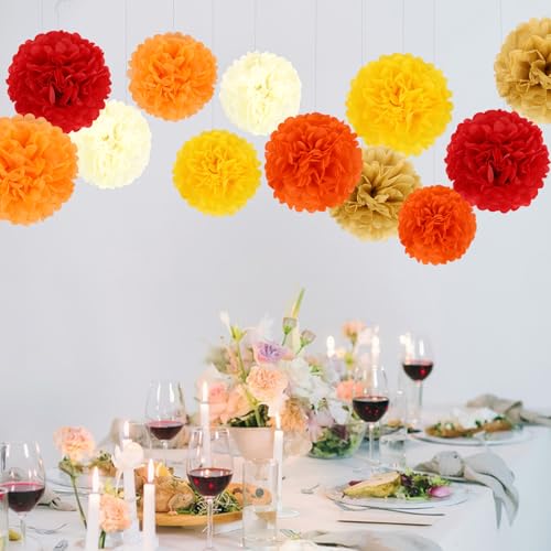 Image of BestoFun 16PCS Fall Party Decorations Orange Red Tissue Paper Flowers Pompoms Decorations for Girl Groovy Birthday Baby Shower Wedding Autumn Thanksgiving Halloween Room Wall Hanging Decor