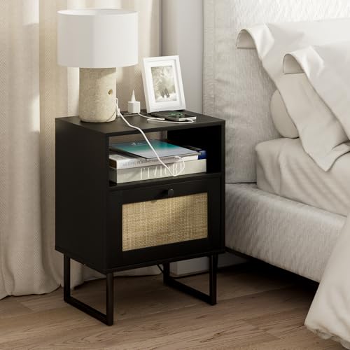 Image of Masupu Extra Large Rattan Nightstand,Boho Night Stand Modern Farmhouse Wood Bedside Table with Storage Drawer and Open Shelf,Side End Table for Bedroom,Living Room,Black