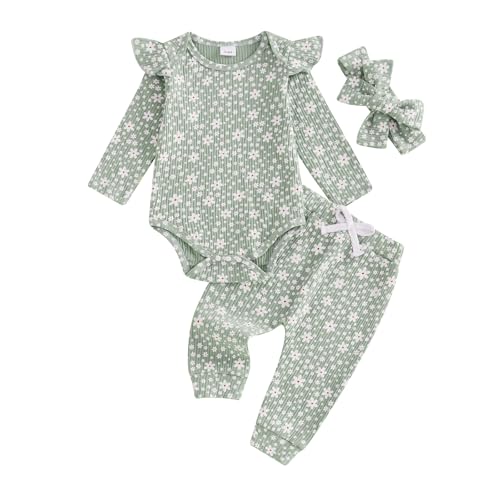 Image of Rarjuiey Newborn Baby Girl Outfits Flower Ribbed Ruffle Long Sleeve Romper Pant Headband 3Pcs Infant Fall Winter Clothes Set