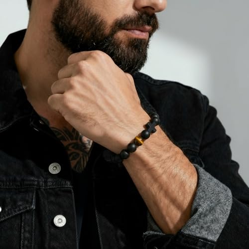 Pulsera de Hombre con Cruz y Cuentas de Piedra Negra miniatura 2