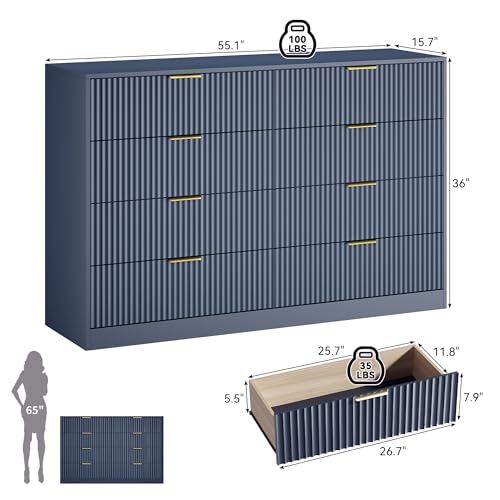 Image of Blue Fluted Dresser Bedroom with 8 Drawer,55 inch Wide White Double Drawer Dresser Modern Chest of Drawers with Gold Handles,Wood TV Stand for Bedroom,Living Room (Blue, 8 Drawer Dresser)