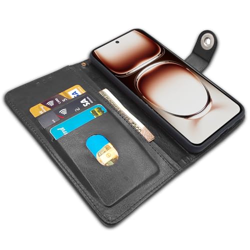 Image of Pikkme Flip Cover Leather Finish | Inside TPU with Card Pockets | Wallet Stand and Shock Proof | Complete Protection Button Flip Case for Oppo Reno 12 Pro 5G (Black)