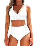 Yonique Women's Two Piece High Waisted Bikini Set Tummy Control Swimsuit Full Coverage Bathing Suit White L