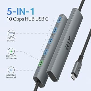 Acer USB C Hub 10Gbps con Type-C PD 100W, splitter USB-C ultra sottile in alluminio 5-in-1 con 4 porte USB 3.2, per iPhone serie 15/16, MacBook iPad Pro/Air, iMac, Galaxy S24/23【Nessuna Uscita Video】