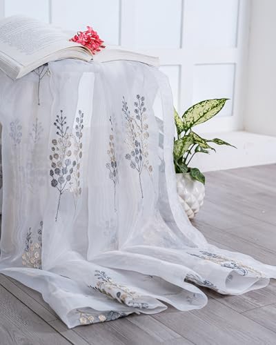 Image of (7 Ft Sheer Tissue with Embroidery Tree Design | Eyelet Window Long Curtain | Window Single Curtain (Golden & Grey) | for Home | (Pack of 1)