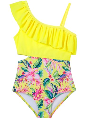 Image of Alakuoti Girls One Piece Swimsuits Cutout Ruffle Bathing Suit Quick Dry Beach Swimwear with Adjustable Strap 5-14 Years