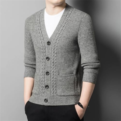 Men's Autumn Solid Color V-Neck Daily Warm Cardigan Single Breasted Slimstretchable Striped Long-Sleeved Sweater2