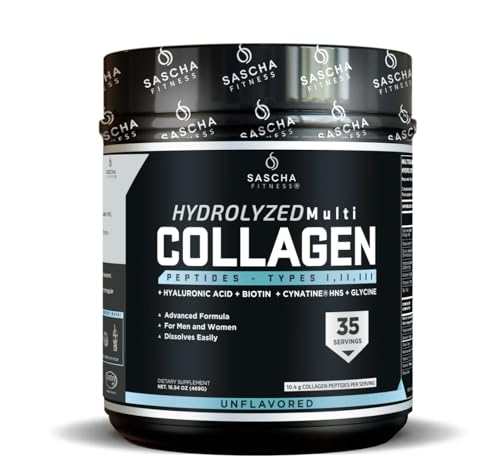 SASCHA FITNESS Multi Colágeno Hidrolizado en Polvo Tipo I, II y III - Con Ácido Hialurónico, Biotina, Cynatine HNS, Vitamina C y E - Pelo, Piel, Uñas y Articulaciones - Sin Sabor 469g