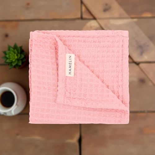 Image of HAMELIN The Ezra Waffle Hand Towel | Pure Cotton Lightweight Anti Microbial & Water Absorbent | Softer Touch Quick Drying Towels | Durable & Long Lasting | Pink | 70 cm x 43 cm | Pack of 1