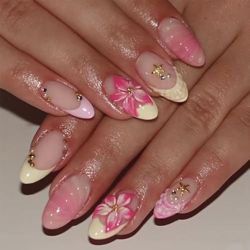 30Pcs Summer Flower Press on Nails Medium Almond Pink Yellow French Tip Fake Nails with Starfish Rhinestones 3D Flowers Acrylic Nails Press on Summer Beach False Nail French Glue on Nails for Women