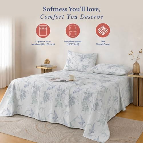 Image of Jaipur Weaves Double Bed Cotton Bedsheet Queen Size 90x100, 100% Pure Cotton Bed Sheet with 2 Pillow Covers, 240 TC Soft Breathable Floral Design - (Green Floral, Queen)
