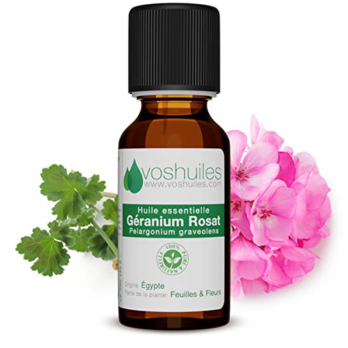 VOSHUILES - Huile Essentielle Géranium Rosat 10ml - 100% Pure et Naturelle - HEBBD - Vertus Dermatologiques - Diluer dans Huile Végétale - Parfum Léger à...